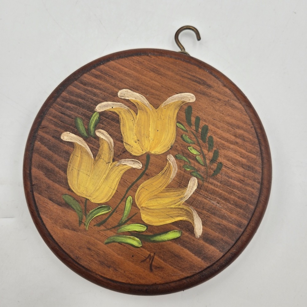 VTG Tole Hand Painted Grannycore Wooden Wall Decor Hanging Yellow Flower Art